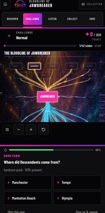 BLDLINE Challenge tab with a live trivia question and answer options