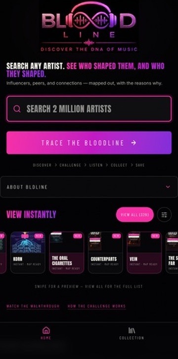 BLDLINE home screen with instant artist maps and artist search